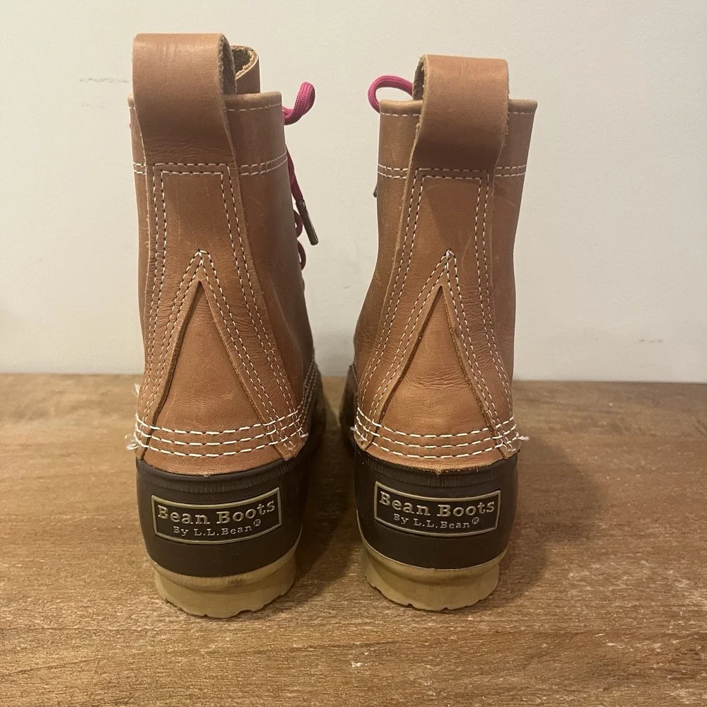L.L. Bean Bean Boots Womens 7 Brown Leather Duck Boots Pink Laces Made in Maine